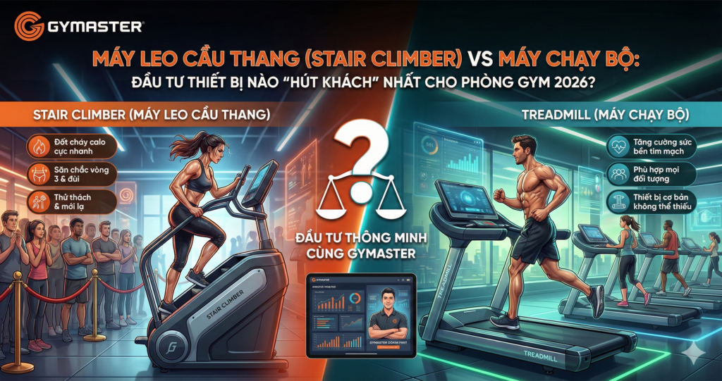 Máy Leo Cầu Thang (Stair Climber) vs Máy Chạy Bộ: Đầu Tư Thiết Bị Nào "Hút Khách" Nhất Cho Phòng Gym 2026? 1 máy leo cầu thang