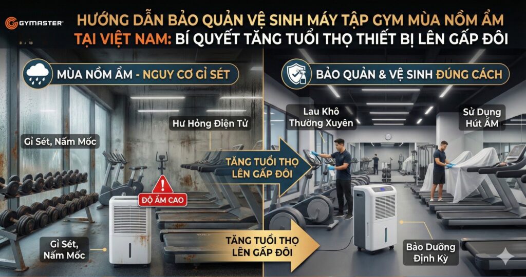 Hướng Dẫn Bảo Quản Vệ Sinh Máy Tập Gym Mùa Nồm Ẩm Tại Việt Nam: Bí Quyết Tăng Tuổi Thọ Thiết Bị Lên Gấp Đôi 1 bảo quản vệ sinh máy tập gym