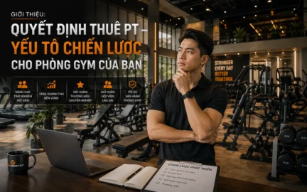 Chủ phòng gym đang suy nghĩ về quyết định thuê PT, bối cảnh phòng tập gym hiện đại, thiết bị cao cấp, chiến lược kinh doanh phòng gym