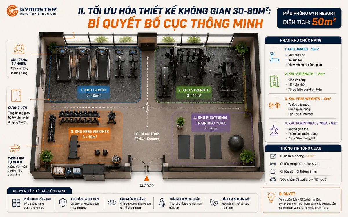 Setup Phòng Gym Resort 30-80m2 : Bí Quyết Tạo Trải Nghiệm Cao Cấp Mà Không Lãng Phí Đầu Tư 3 Bản vẽ thiết kế bố cục phòng gym resort 50m² chi tiết, phân chia khu cardio, sức mạnh, tạ tự do và functional training khoa học, tối ưu diện tích.