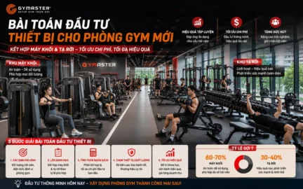 Phòng gym hiện đại tổng quan với máy khối và tạ rời, minh họa chiến lược đầu tư thiết bị phòng gym mới hiệu quả.