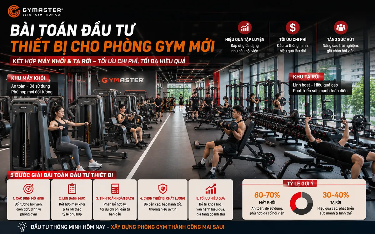 Máy Khối Hay Tạ Rời? Hướng Dẫn Phân Bổ Vốn Thiết Bị Tối Ưu Cho Phòng Gym Mới 1 Phòng gym hiện đại tổng quan với máy khối và tạ rời, minh họa chiến lược đầu tư thiết bị phòng gym mới hiệu quả.
