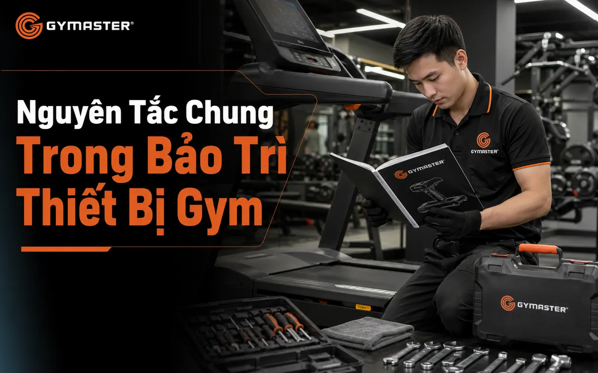 Kỹ thuật viên bảo trì gym đang đọc sách hướng dẫn sử dụng thiết bị, thể hiện nguyên tắc tuân thủ chỉ dẫn nhà sản xuất trong bảo trì thiết bị.