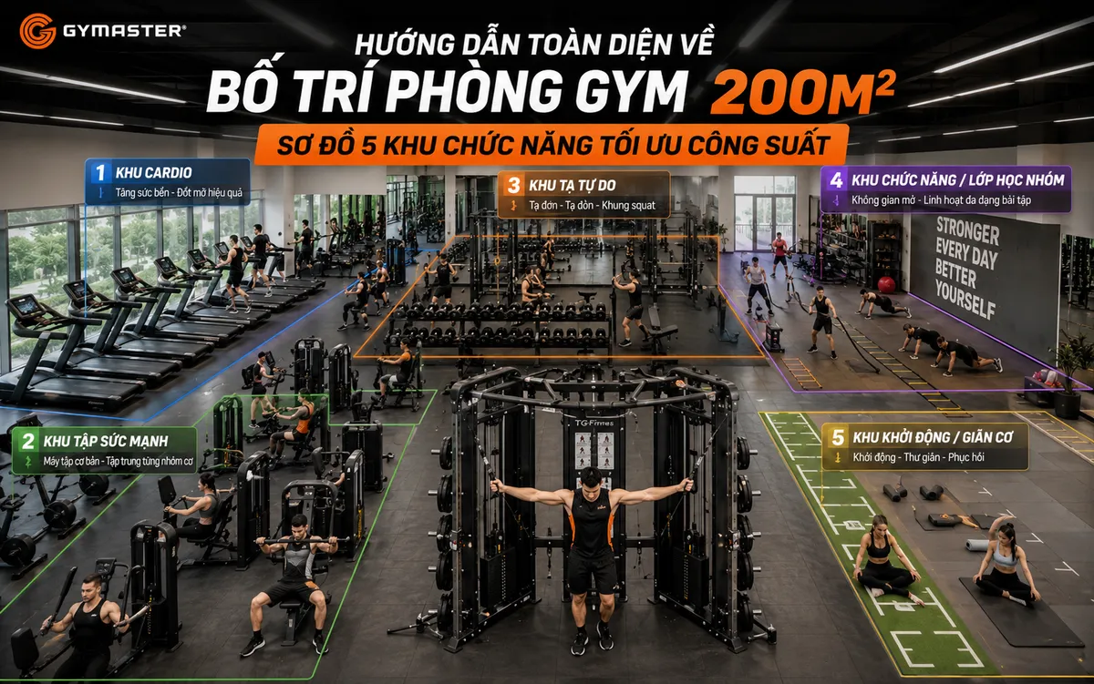 Hình ảnh tổng quan phòng gym 200m2 được bố trí 5 khu chức năng tối ưu công suất, minh họa không gian tập luyện hiện đại và chuyên nghiệp.