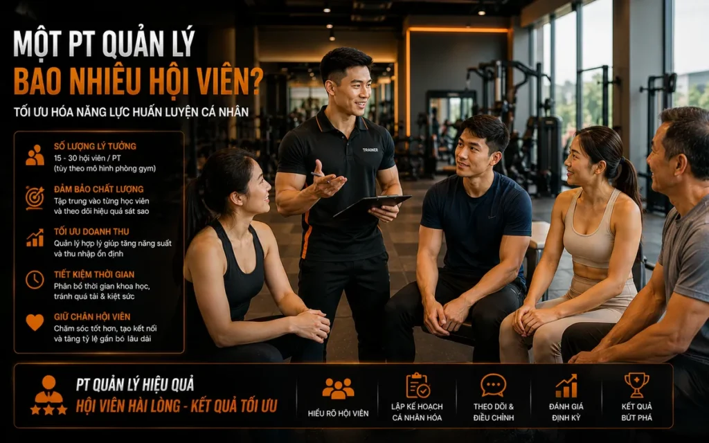 PT quản lý hội viên: Huấn luyện viên cá nhân đang tương tác và quản lý hiệu quả một nhóm nhỏ hội viên trong phòng tập gym hiện đại.