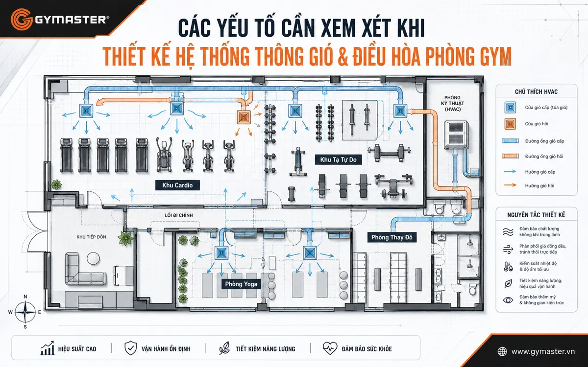 Bản vẽ thiết kế mặt bằng phòng gym chi tiết, bố trí hệ thống thông gió điều hòa và các khu vực chức năng, có sự hiện diện của máy chạy bộ cao cấp.