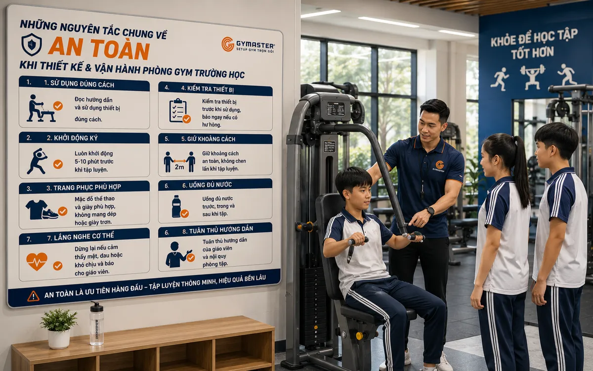 Phòng Gym Trường Học: Hướng Dẫn Chi Tiết Thiết Bị & Nguyên Tắc Bố Trí An Toàn Theo Từng Nhóm Tuổi 2 Biển báo quy tắc an toàn rõ ràng và giáo viên thể chất đang hướng dẫn học sinh tập luyện đúng cách trong phòng gym trường học, đảm bảo môi trường an toàn tuyệt đối.