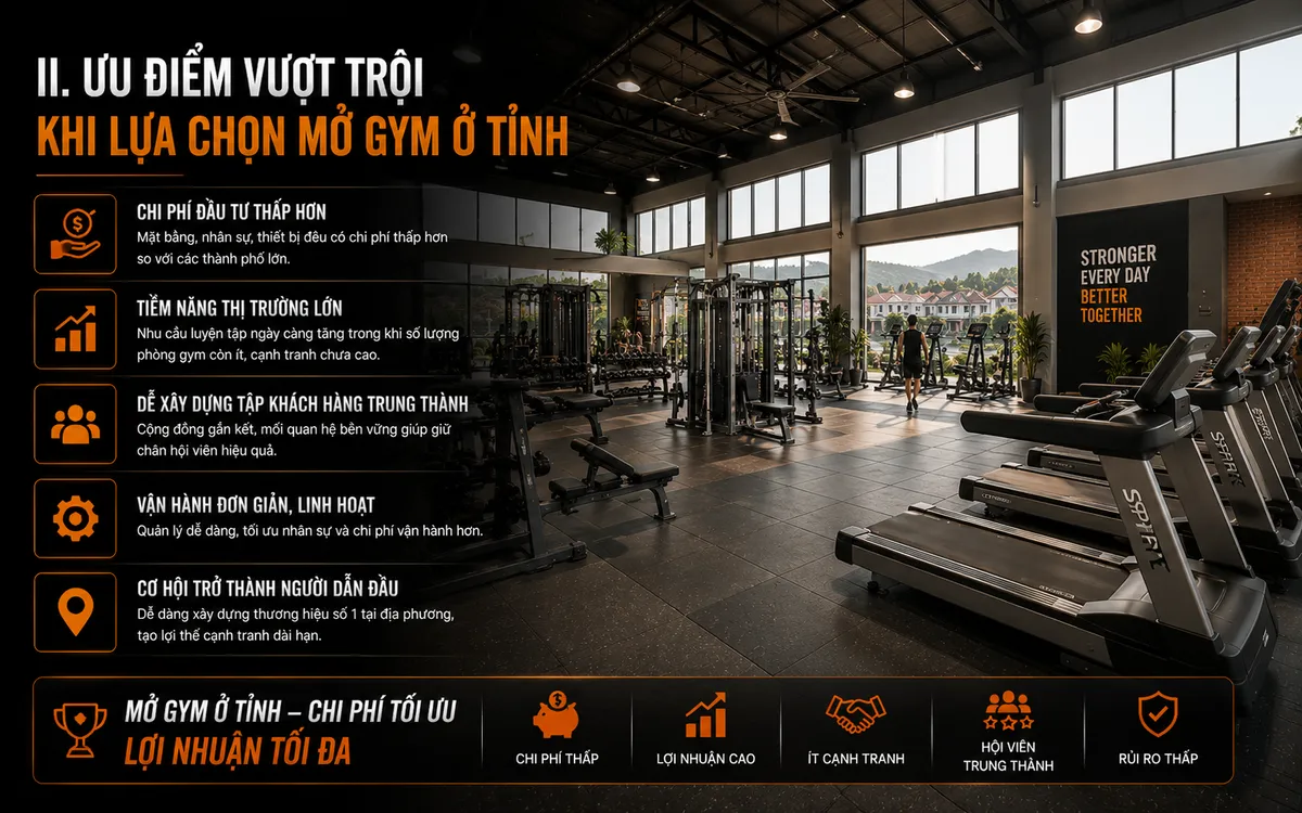 Phòng gym ở tỉnh với không gian rộng rãi, thoáng đãng và chi phí vận hành tối ưu, minh họa lợi thế cạnh tranh khi đầu tư mở gym tại các khu vực tỉnh lẻ.