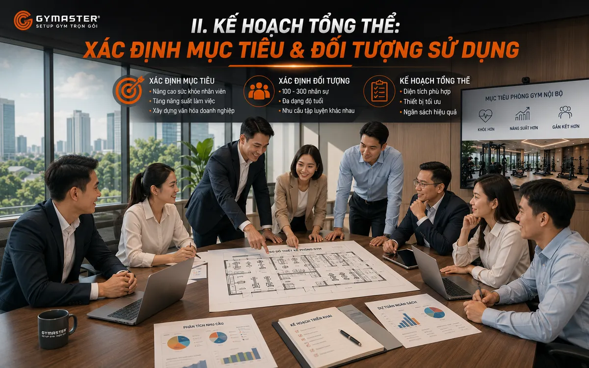 Cuộc họp nhóm ban lãnh đạo và nhân viên thảo luận kế hoạch xây dựng phòng gym nội bộ, định hướng mục tiêu phòng gym công ty.