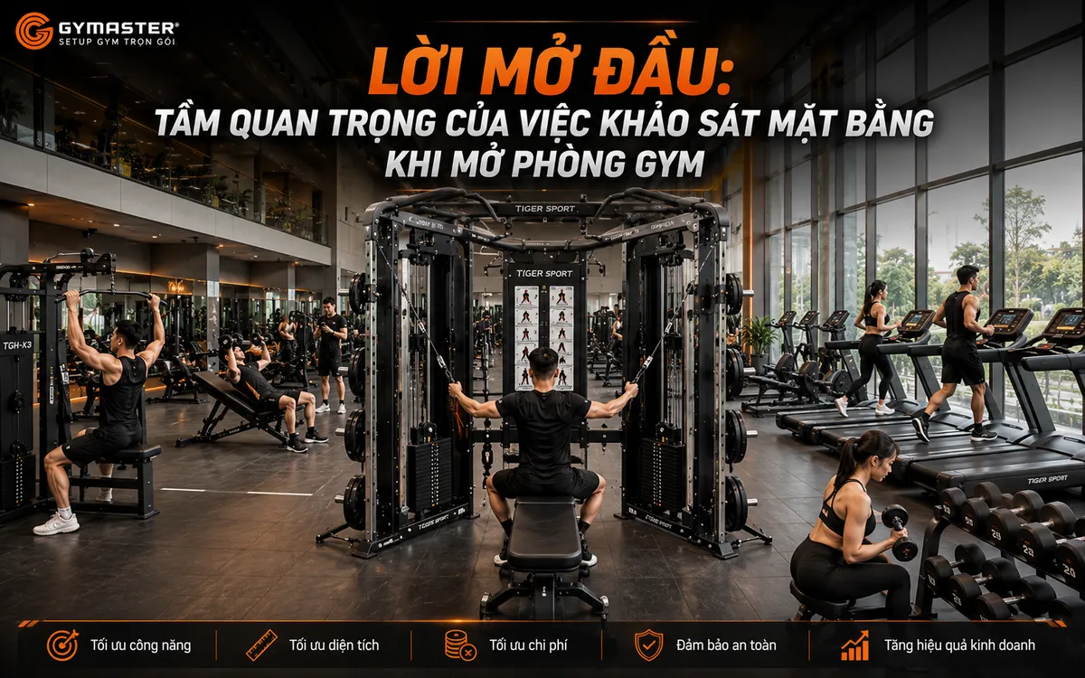 Hình ảnh tổng quan phòng gym hiện đại, không gian rộng rãi với giàn tạ đa năng Tiger Sport TGH-X3, minh họa tầm quan trọng của việc khảo sát mặt bằng để mở phòng gym thành công theo checklist của Gymaster.
