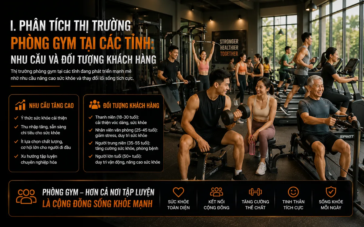 Nhóm người đa dạng tập luyện tại phòng gym ở tỉnh, minh họa nhu cầu và đối tượng khách hàng tiềm năng, không khí hòa đồng, gần gũi của gym địa phương.