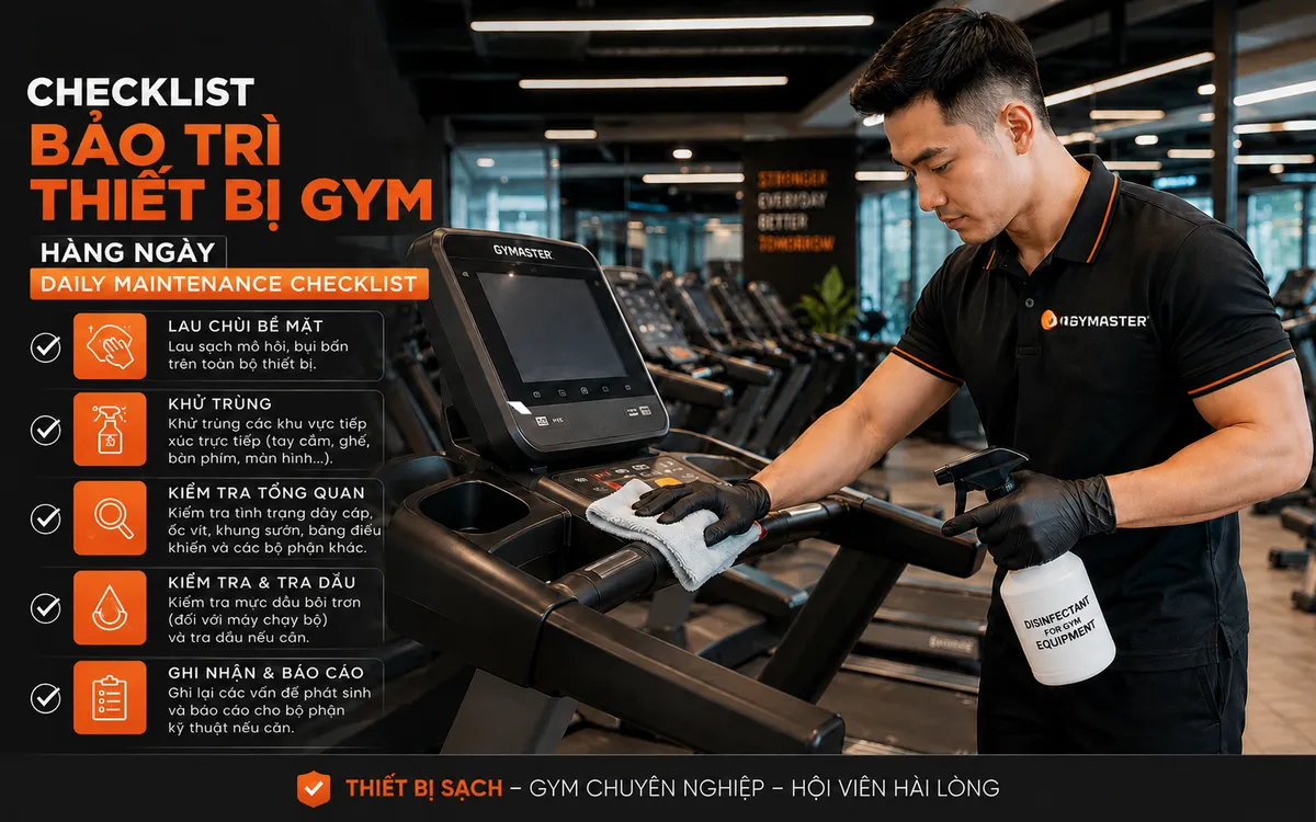 Nhân viên phòng gym đang lau chùi và khử trùng máy chạy bộ hàng ngày, minh họa quy trình vệ sinh trong checklist bảo trì thiết bị gym.