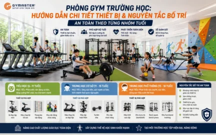 Tổng quan phòng gym trường học hiện đại, sáng sủa với học sinh các cấp đang tập luyện thể chất an toàn dưới sự hướng dẫn chuyên nghiệp.