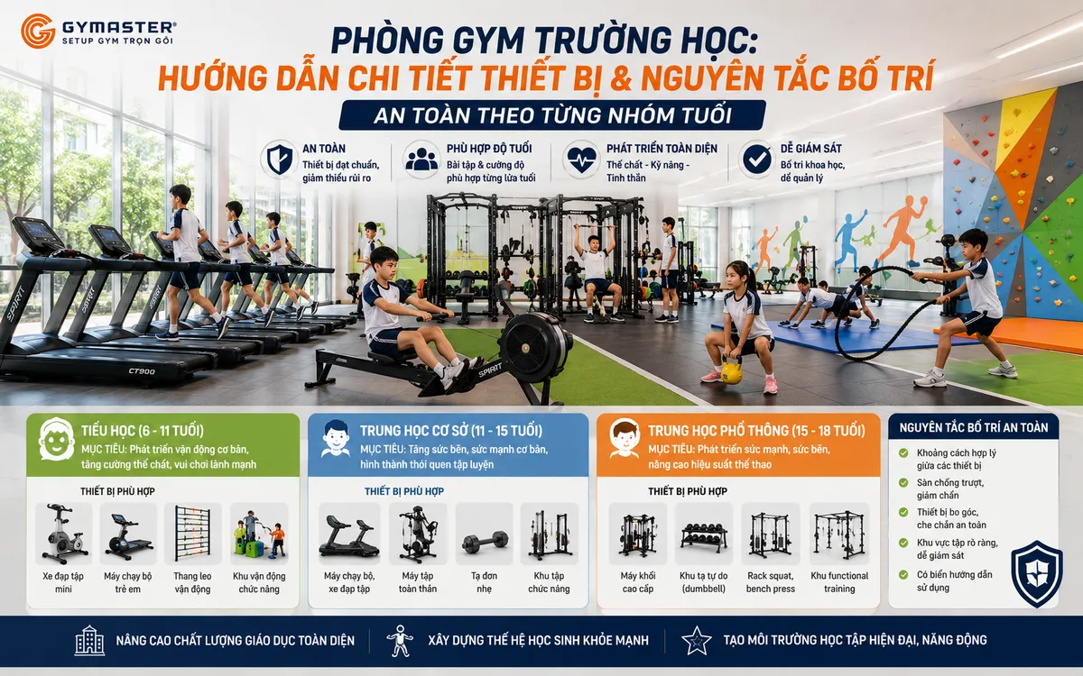 Phòng Gym Trường Học: Hướng Dẫn Chi Tiết Thiết Bị & Nguyên Tắc Bố Trí An Toàn Theo Từng Nhóm Tuổi 1 Tổng quan phòng gym trường học hiện đại, sáng sủa với học sinh các cấp đang tập luyện thể chất an toàn dưới sự hướng dẫn chuyên nghiệp.