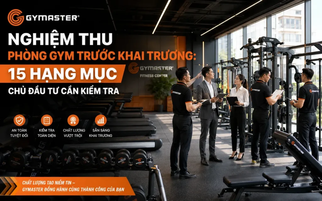 Hình ảnh tổng quan về quy trình nghiệm thu phòng gym trước khai trương, với các chuyên gia của Gymaster và chủ đầu tư đang kiểm tra tỉ mỉ 15 hạng mục quan trọng, đảm bảo chất lượng và an toàn cho phòng tập.