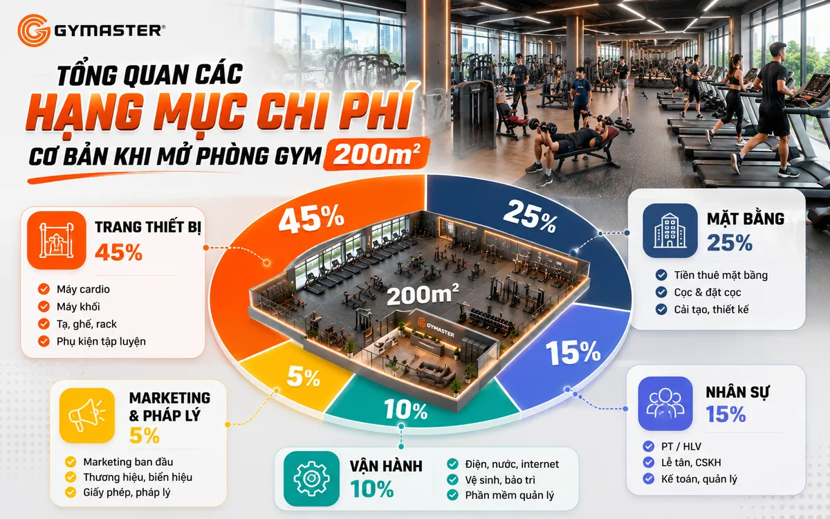 Infographic các hạng mục chi phí cơ bản khi mở phòng gym 200m2, biểu đồ vốn đầu tư phòng tập, chi phí thuê, thiết bị, nhân sự.