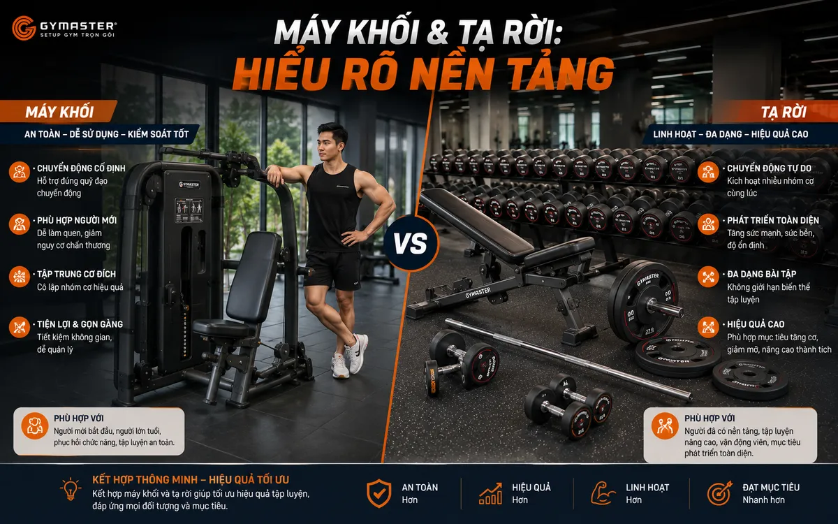 Máy Khối Hay Tạ Rời? Hướng Dẫn Phân Bổ Vốn Thiết Bị Tối Ưu Cho Phòng Gym Mới 2 Hình ảnh so sánh máy khối và tạ rời trong phòng gym, làm rõ nền tảng và đặc điểm của từng loại thiết bị.