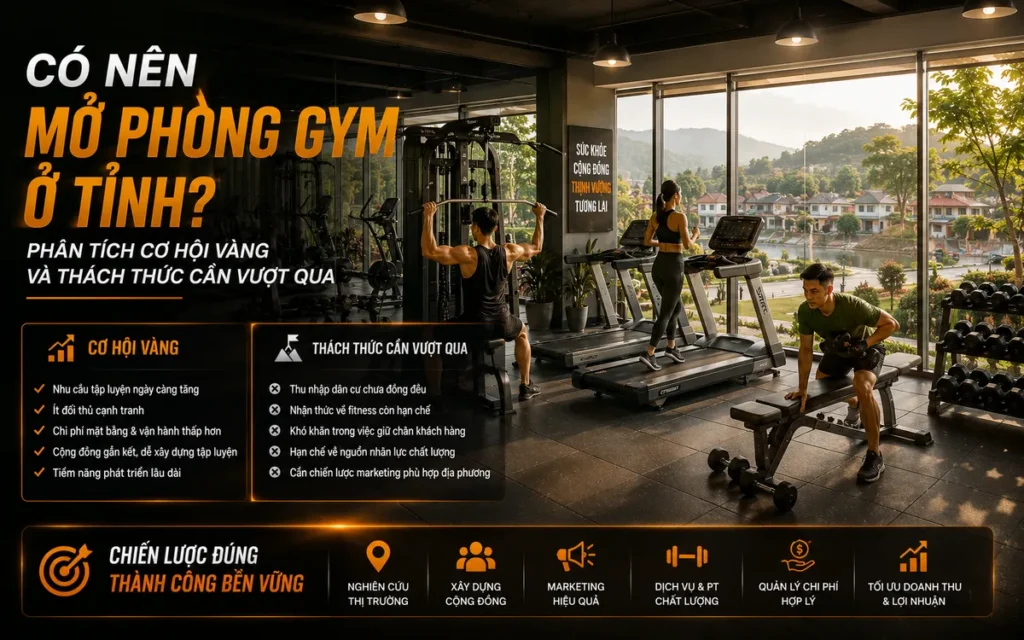 Tổng quan phòng gym hiện đại, sạch sẽ ở tỉnh, thể hiện tiềm năng đầu tư và phát triển mô hình phòng gym tại các khu vực tỉnh lẻ Việt Nam.