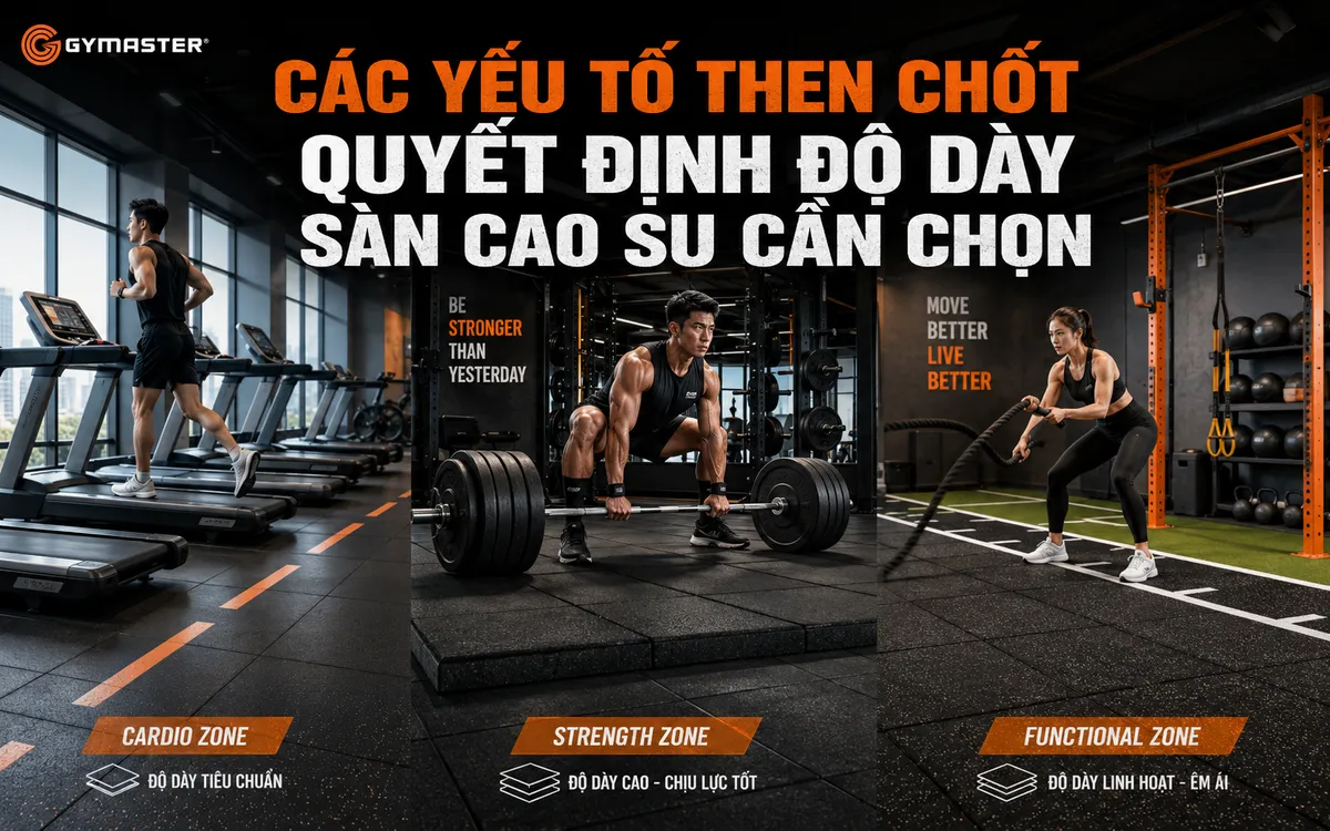 Người tập thực hiện đa dạng động tác từ cardio đến nâng tạ trên sàn cao su, minh họa tầm quan trọng của sàn gym chất lượng.