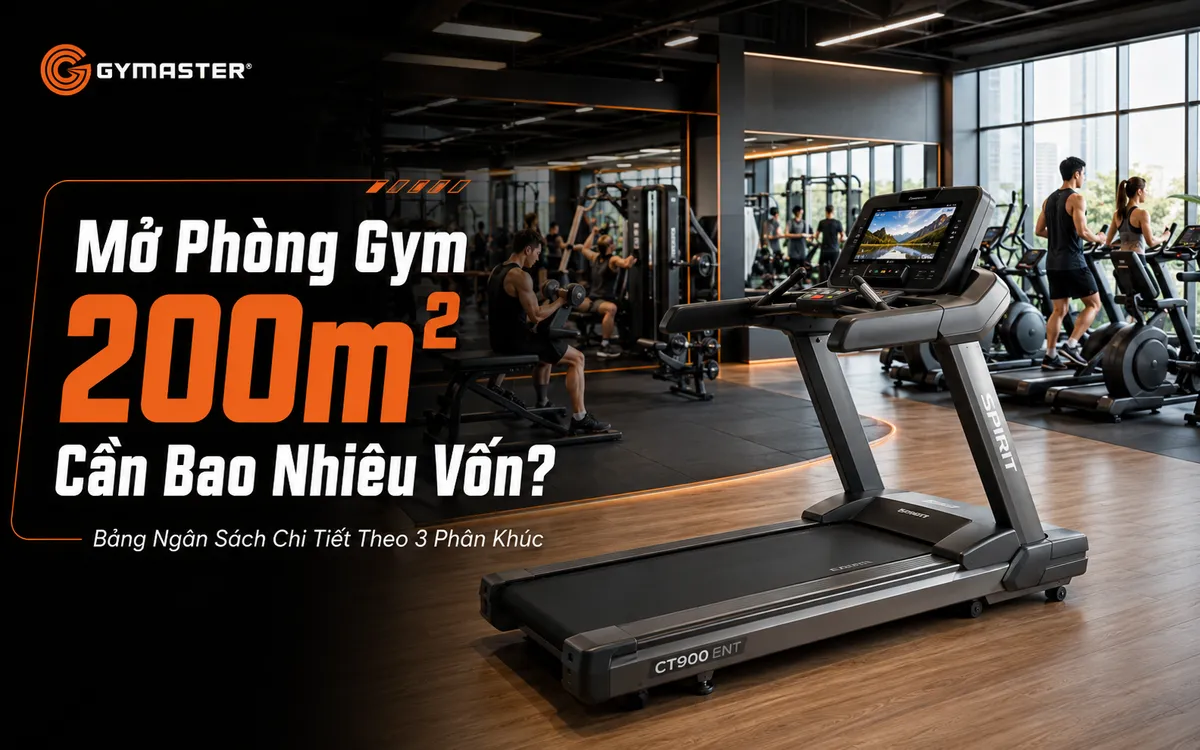 Tổng quan phòng gym hiện đại 200m2, thiết bị tập gym cao cấp, nhiều người đang tập luyện, không gian rộng rãi, thiết kế chuyên nghiệp.