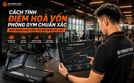 Hình ảnh biểu đồ điểm hòa vốn phòng gym, minh họa giao điểm giữa tổng chi phí và tổng doanh thu, giúp chủ phòng gym xác định ngưỡng hòa vốn và lợi nhuận, kèm theo thiết bị gym hiện đại.