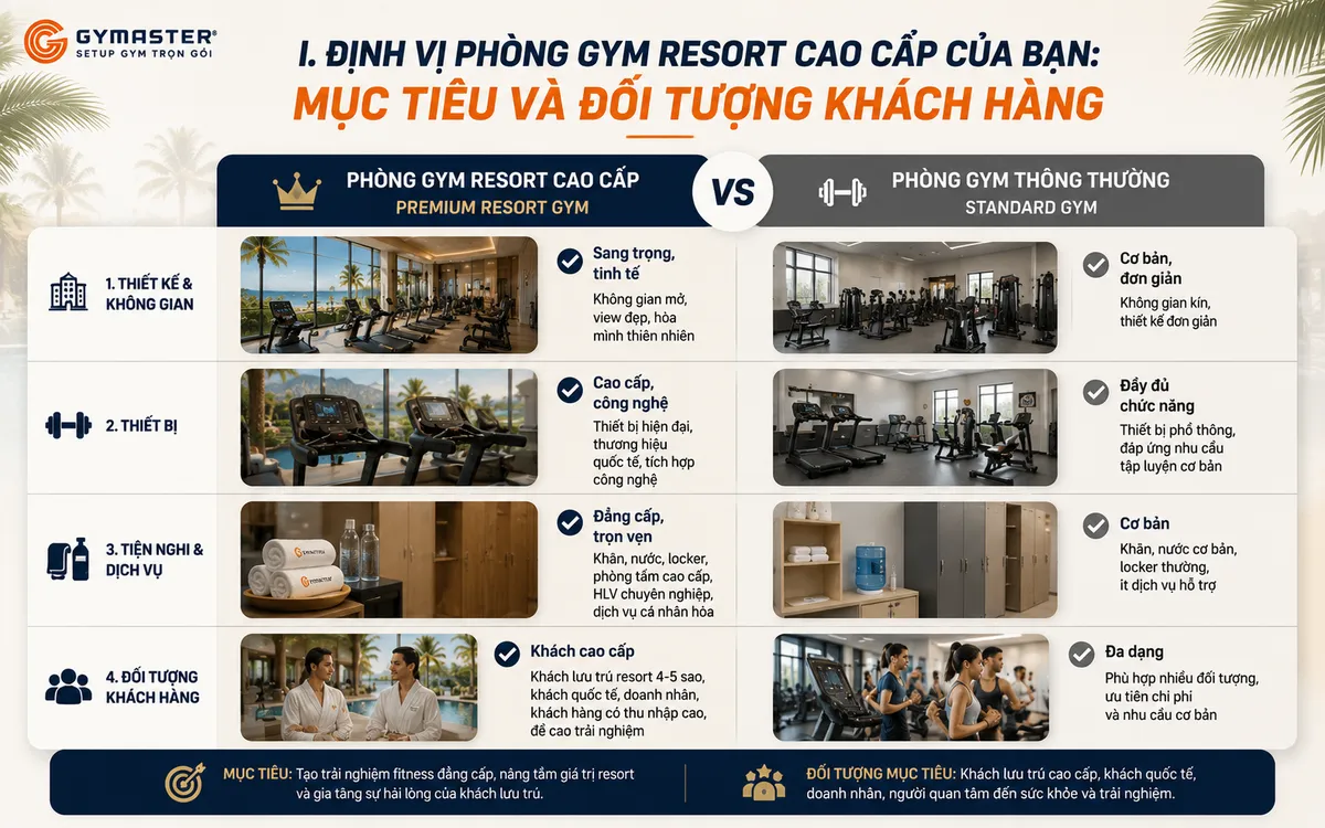 Setup Phòng Gym Resort 30-80m2 : Bí Quyết Tạo Trải Nghiệm Cao Cấp Mà Không Lãng Phí Đầu Tư 2 Infographic so sánh đặc điểm, thiết bị, tiện ích của phòng gym resort cao cấp và phòng gym thông thường, nhấn mạnh sự khác biệt về trải nghiệm wellness.