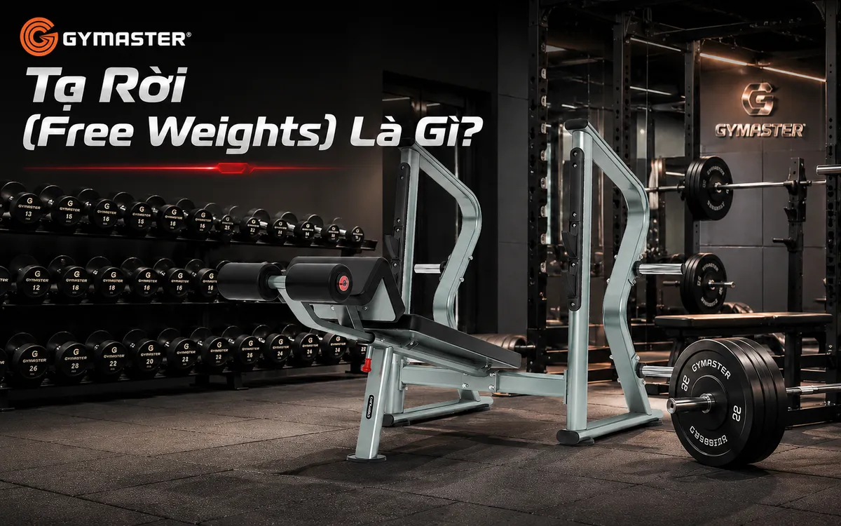 Máy Khối Hay Tạ Rời? Hướng Dẫn Phân Bổ Vốn Thiết Bị Tối Ưu Cho Phòng Gym Mới 4 Khu vực tạ rời trong phòng gym với tạ đơn, tạ đòn và ghế đẩy ngực Tiger Sport TGS-1040, thể hiện sự linh hoạt và đa dạng bài tập.