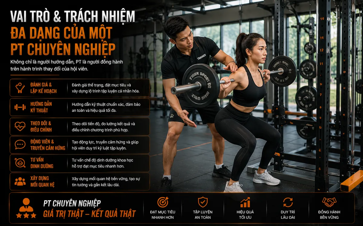 Một PT Quản Lý Bao Nhiêu Hội Viên? Tối Ưu Hóa Năng Lực Huấn Luyện Cá Nhân 2 PT hướng dẫn squat: Huấn luyện viên cá nhân tận tình hướng dẫn khách hàng thực hiện động tác squat với tạ đòn, đảm bảo kỹ thuật và an toàn tại phòng gym.