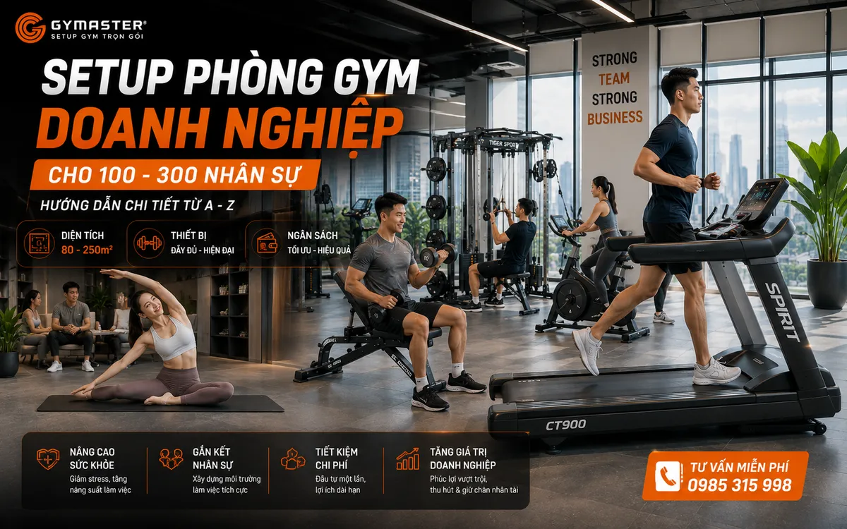 Nhân viên văn phòng tập luyện vui vẻ, năng động trong phòng gym hiện đại của công ty, setup phòng gym doanh nghiệp.