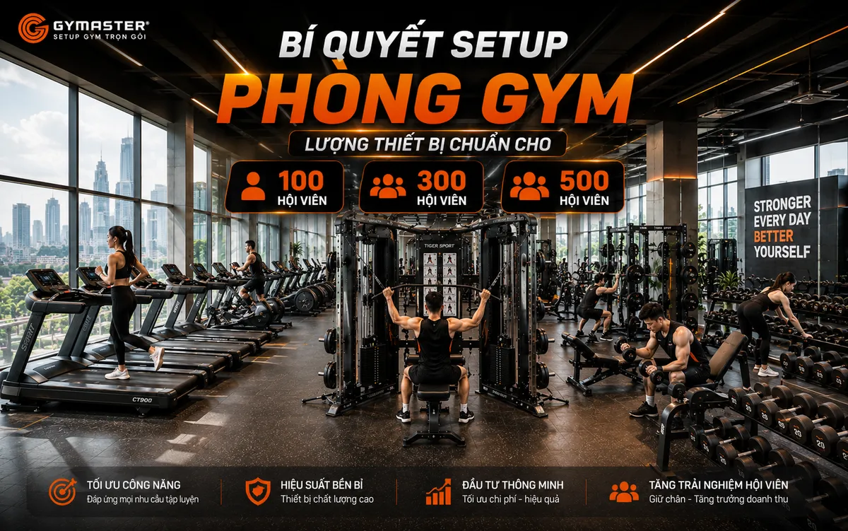 Bí Quyết Setup Phòng Gym: Lượng Thiết Bị Chuẩn Cho 100, 300, 500 Hội Viên 1 Hình ảnh tổng quan một phòng gym hiện đại, đầy đủ các loại thiết bị tập luyện cao cấp như máy chạy bộ, giàn tạ đa năng, máy tập sức mạnh, với không gian rộng rãi, thoáng đãng, lý tưởng cho việc setup phòng gym quy mô 100, 300, 500 hội viên.