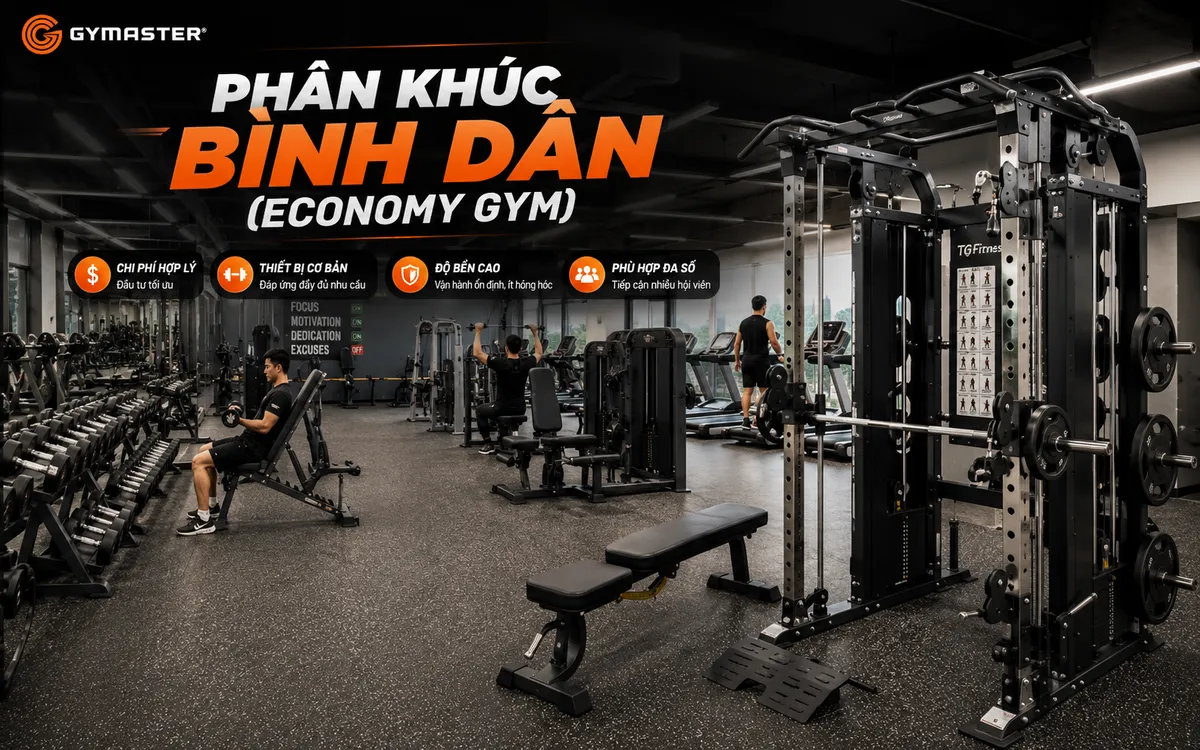 Phòng gym bình dân 200m2, thiết bị tập gym cơ bản, không gian tập luyện đơn giản và hiệu quả, chi phí thấp, phù hợp nhiều đối tượng.