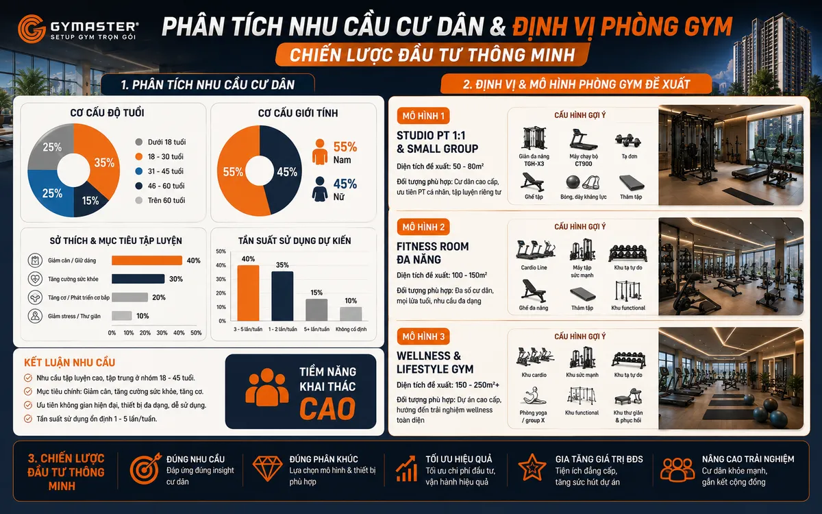 Infographic phân tích nhân khẩu học cư dân và mô hình thiết kế phòng gym chung cư phù hợp.