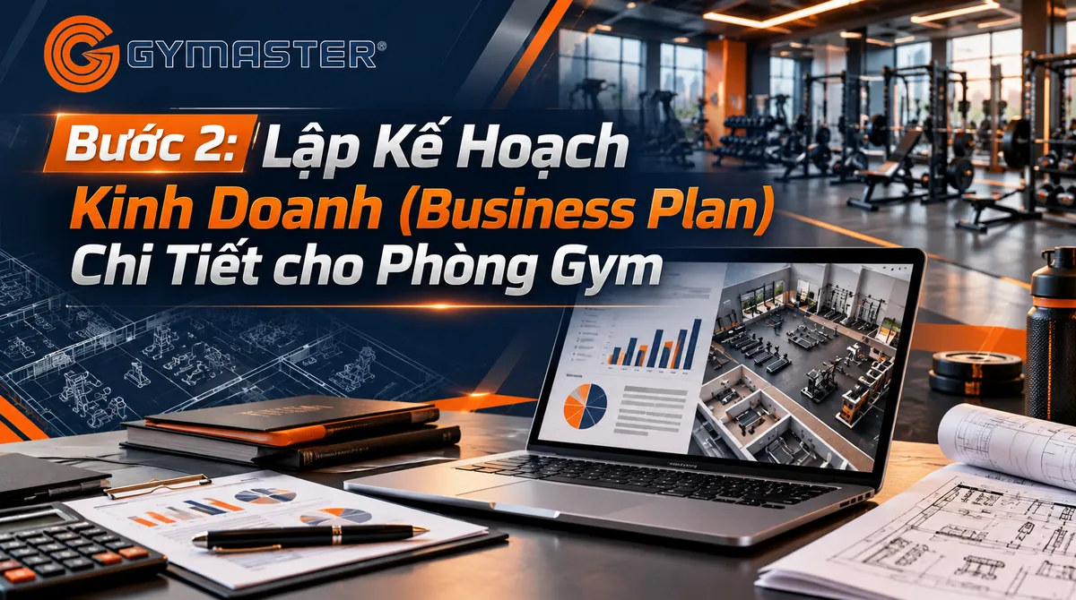 Bàn làm việc với laptop, sổ tay, bút và biểu đồ tài chính, thể hiện sự chuyên nghiệp trong việc lập kế hoạch kinh doanh phòng gym cho người mới mở phòng gym, với hình ảnh ẩn dụ về các thiết bị cao cấp như máy chạy bộ Spirit CT900ENT.