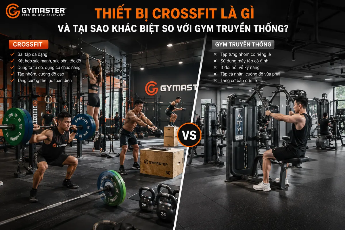 Thiết Bị Phòng Tập CrossFit: Hướng Dẫn Toàn Diện Từ Lựa Chọn Đến Bố Trí Hiệu Quả Cùng Gymaster 2 So sánh thiết bị CrossFit như giàn tạ, tạ đòn và thiết bị gym truyền thống như máy tập cố định tại Gymaster