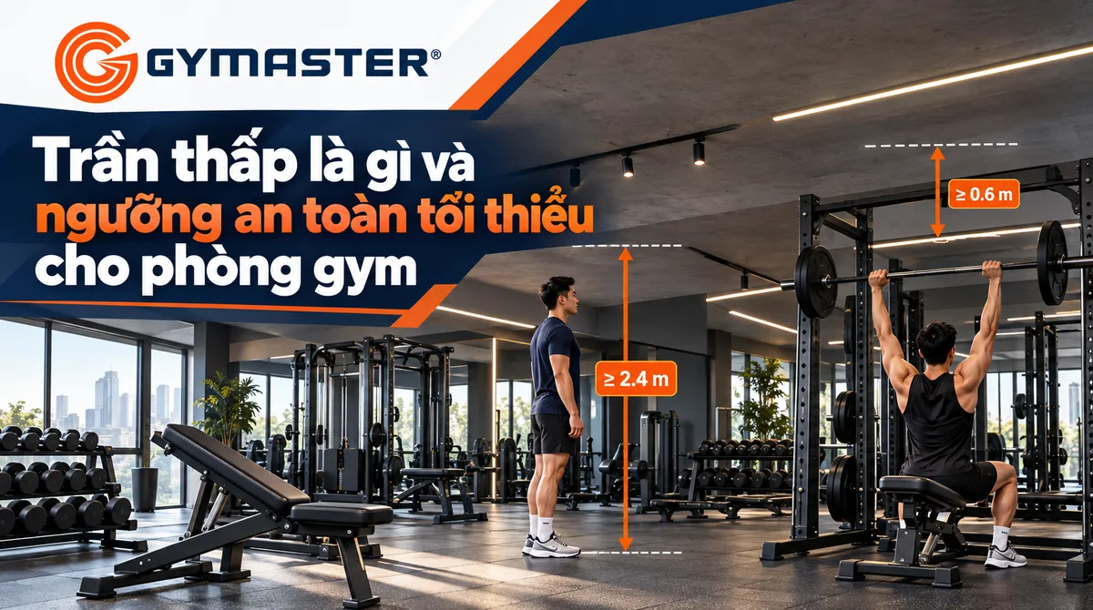 Infographic chiều cao trần phòng gym, tiêu chuẩn trần an toàn, khoảng trống an toàn tập gym, thiết kế phòng gym trần thấp