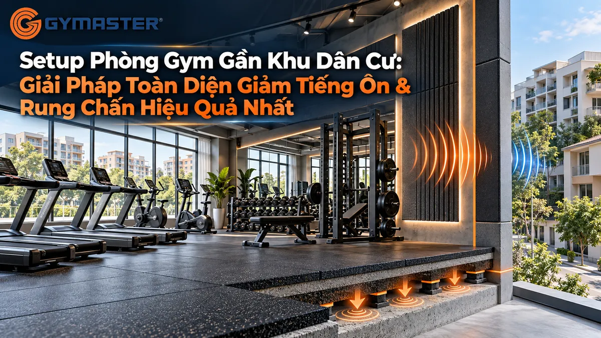 Setup Phòng Gym Gần Khu Dân Cư: Giải Pháp Toàn Diện Giảm Tiếng Ồn & Rung Chấn Hiệu Quả Nhất 1 Phòng gym hiện đại nằm gần khu dân cư, minh họa thách thức về tiếng ồn và rung chấn khi setup phòng gym, với các thiết bị tập luyện cao cấp như giàn tạ đa năng Tiger Sport TGH-X3.