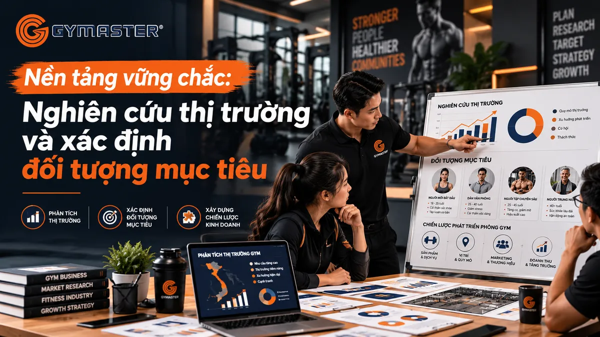 Biểu đồ phân tích thị trường và chân dung khách hàng mục tiêu của phòng gym, minh họa các đặc điểm về độ tuổi, mục tiêu tập luyện, thu nhập để xây dựng chiến lược thu hút hội viên hiệu quả.