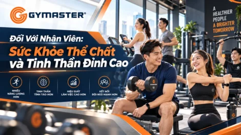 Hình ảnh phòng gym công ty hiện đại, nhân viên năng động tập luyện với máy chạy bộ, giàn tạ, tạo không khí tích cực, nâng cao sức khỏe và năng suất.
