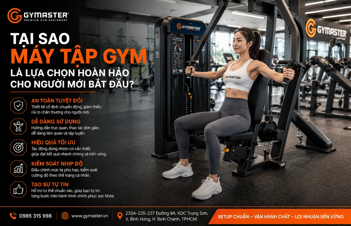Máy Tập Gym Cho Người Mới: Hướng Dẫn Toàn Diện Từ A-Z Để Bắt Đầu Hiệu Quả và An Toàn Cùng Gymaster 2 Người mới tập máy gym với tư thế chuẩn, biểu cảm tự tin và thoải mái, minh họa lợi ích an toàn và hiệu quả của máy tập gym cho người mới bắt đầu.