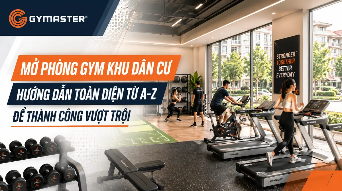 Phòng gym hiện đại, sạch sẽ trong khu dân cư sầm uất, có người đang tập luyện, minh họa việc mở phòng gym khu dân cư thành công.
