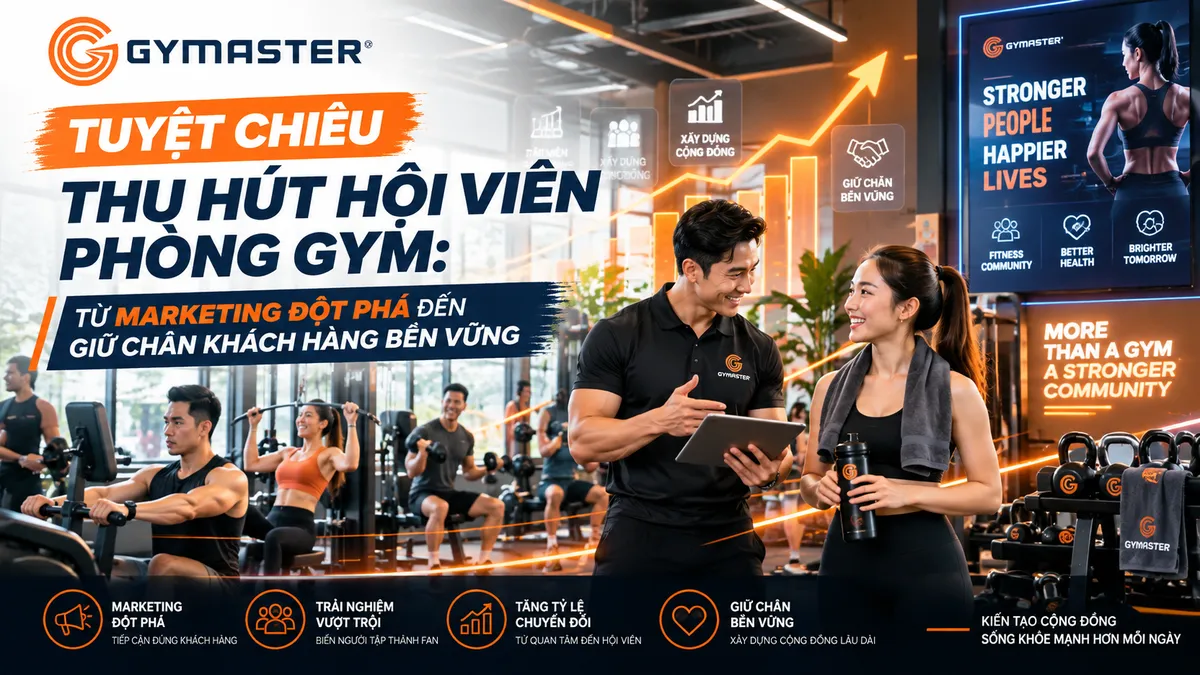Hình ảnh tổng quan phòng gym hiện đại, sạch sẽ với nhiều hội viên đang tập luyện vui vẻ trên máy chạy bộ cao cấp và các thiết bị khác, minh họa cách thu hút hội viên hiệu quả.
