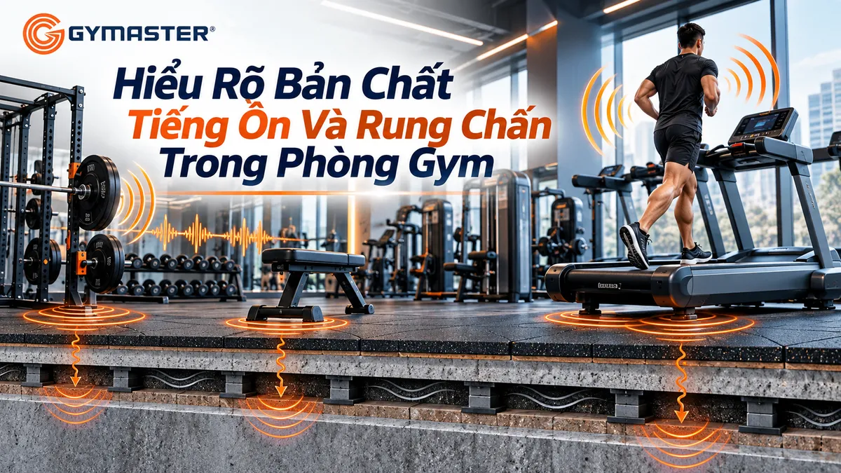 Setup Phòng Gym Gần Khu Dân Cư: Giải Pháp Toàn Diện Giảm Tiếng Ồn & Rung Chấn Hiệu Quả Nhất 2 Đồ họa giải thích sự khác biệt giữa cách âm và tiêu âm, minh họa việc giảm tiếng ồn và rung chấn trong phòng gym với các ngưỡng an toàn, sử dụng hình ảnh máy chạy bộ cao cấp Spirit CT900 làm ví dụ cho nguồn gây ồn.
