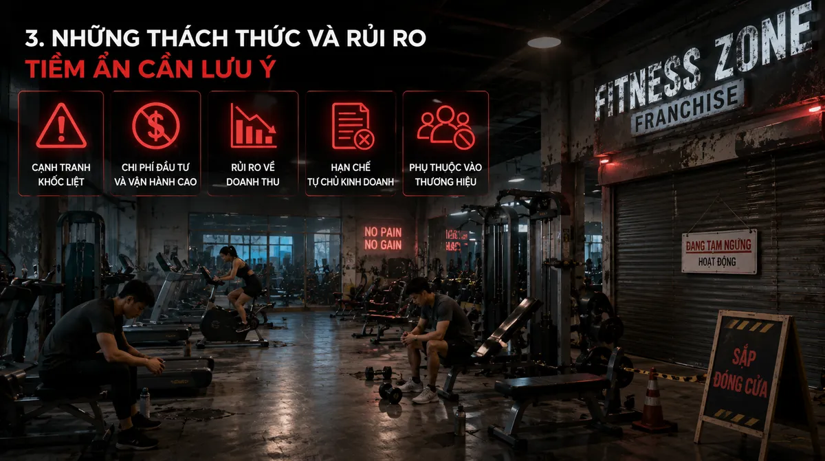 Biểu tượng cảnh báo rủi ro và một phòng gym nhượng quyền vắng vẻ, minh họa những thách thức cần lưu ý khi mở phòng gym nhượng quyền.