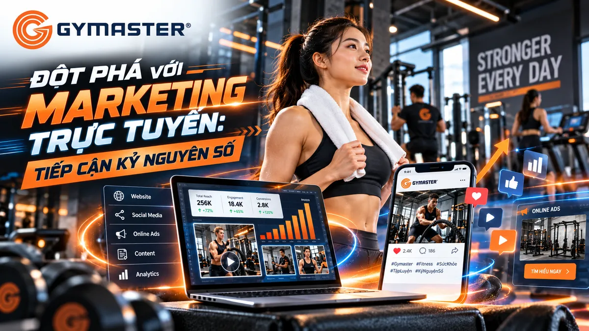 Hình ảnh biểu tượng các nền tảng mạng xã hội và công cụ marketing online như Facebook, Instagram, Google, thể hiện chiến lược tiếp cận đa kênh để thu hút hội viên phòng gym.