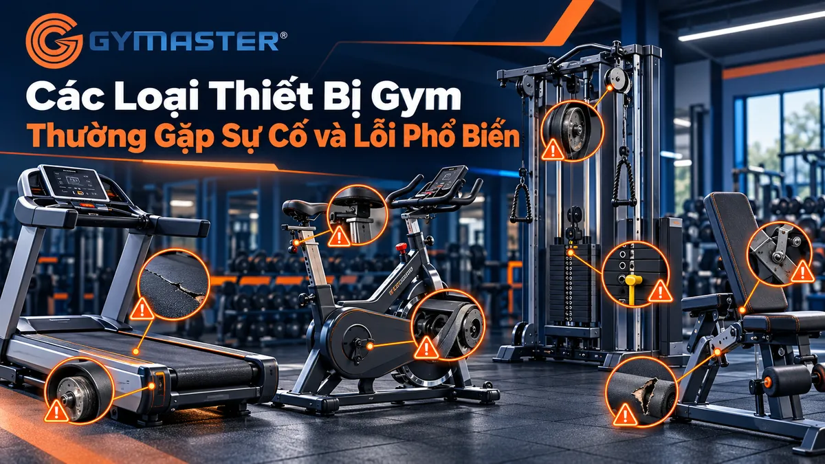 Sửa Chữa Thiết Bị Gym Chuyên Nghiệp: Đảm Bảo An Toàn & Kéo Dài Tuổi Thọ Thiết Bị Của Bạn Cùng Gymaster 2 Hình ảnh phòng gym hiện đại trưng bày đa dạng các loại thiết bị gym như máy chạy bộ, xe đạp tập và giàn tạ, minh họa dịch vụ sửa chữa thiết bị gym chuyên nghiệp.