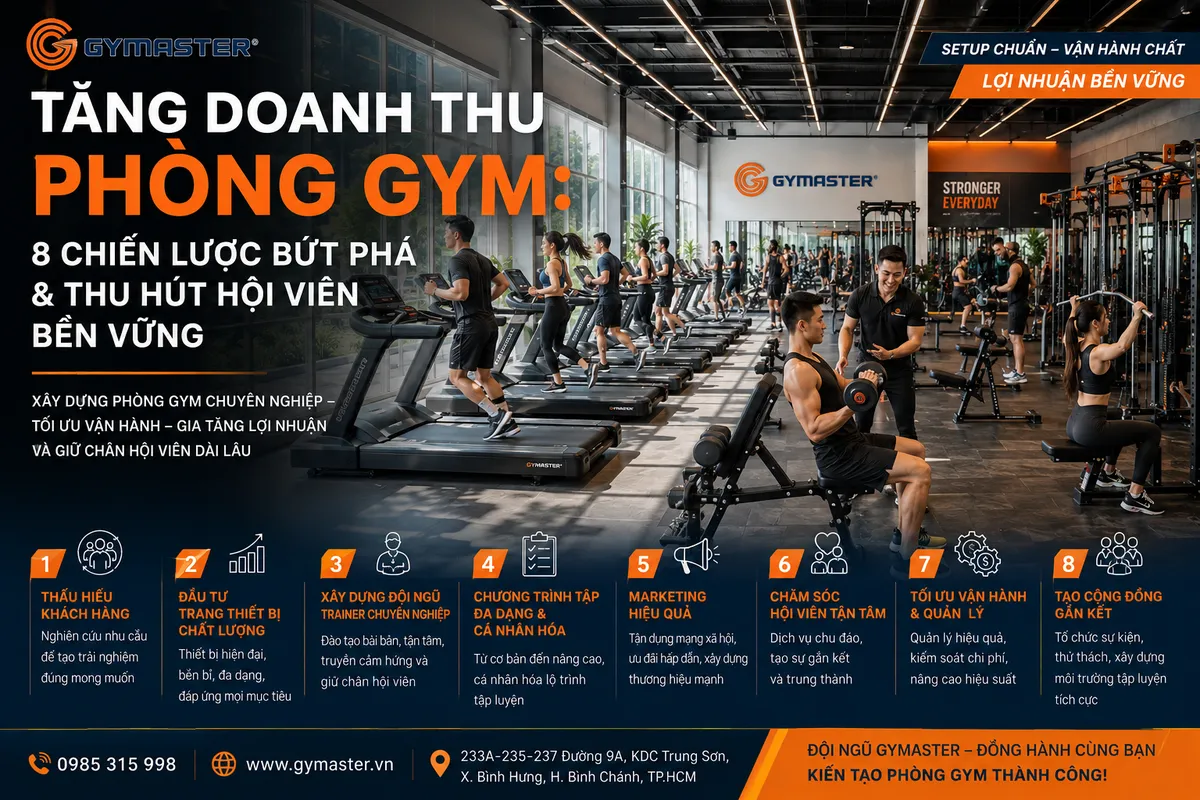 Tăng Doanh Thu Phòng Gym: 8 Chiến Lược Bứt Phá & Thu Hút Hội Viên Bền Vững 1 Phòng gym hiện đại, đông khách với thiết bị cao cấp, không khí năng động và nhân viên tận tâm, minh họa chiến lược tăng doanh thu phòng gym bền vững.