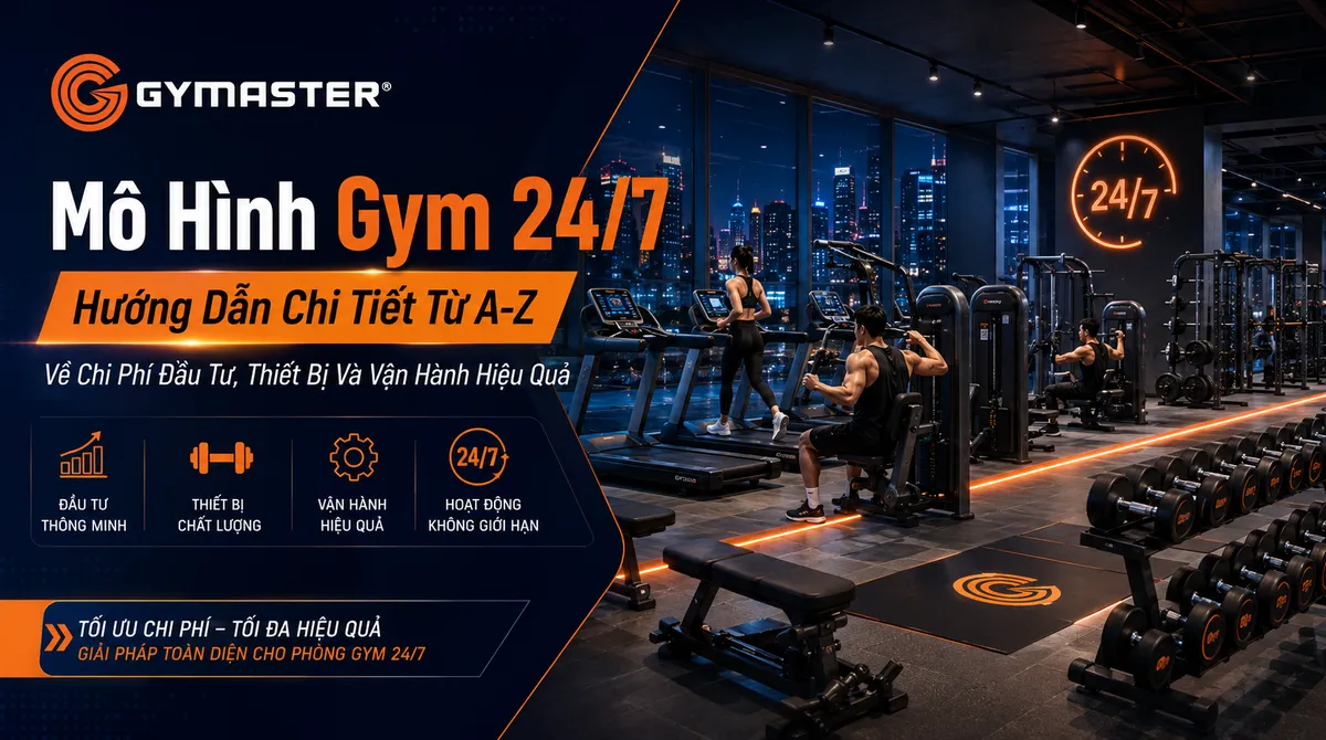 Hình ảnh minh họa phòng gym 24/7 hiện đại với người đang tập luyện vào ban đêm hoặc sáng sớm, không gian sáng sủa và đầy đủ thiết bị.