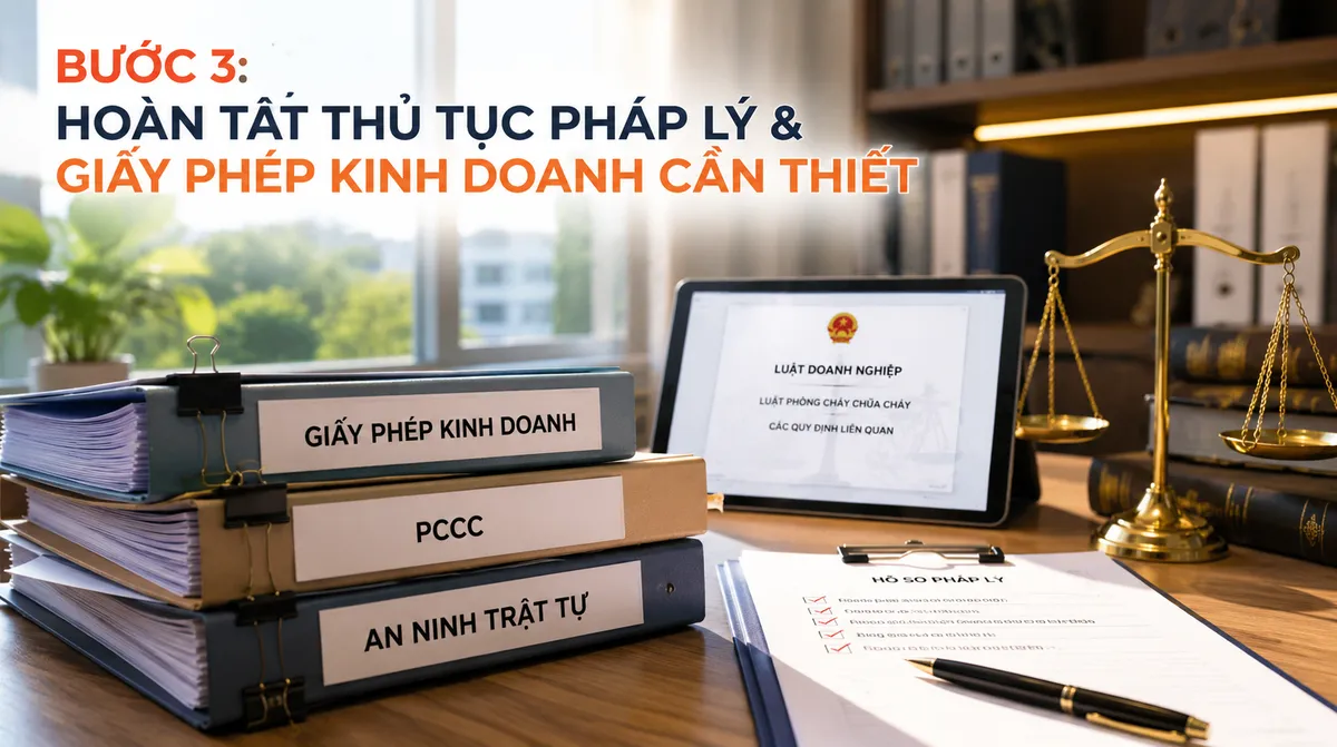 Tập hồ sơ pháp lý và biểu tượng công lý, minh họa việc hoàn tất thủ tục và giấy phép cần thiết khi mở phòng gym khu dân cư.