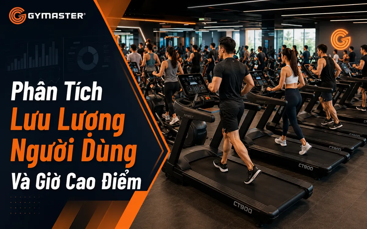 Phòng Gym Cần Bao Nhiêu Máy Chạy Bộ? Công Thức Tính Toán & Bí Quyết Tối Ưu Hiệu Quả 3 Phòng gym đông đúc giờ cao điểm, nhiều người tập đang sử dụng máy chạy bộ, phân tích lưu lượng người dùng hiệu quả
