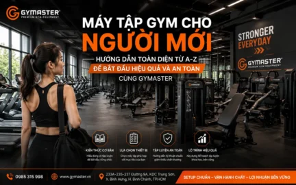 Hình ảnh người mới bắt đầu tập gym với ánh mắt quyết tâm, phía sau là các máy tập gym hiện đại, gọn gàng của Gymaster, lý tưởng cho người mới bắt đầu.